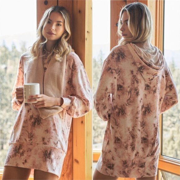 Tie-Dye Hoodie Lounge Sweatshirt Dress Long Sleeve Hooded Pockets - Picture 1 of 12